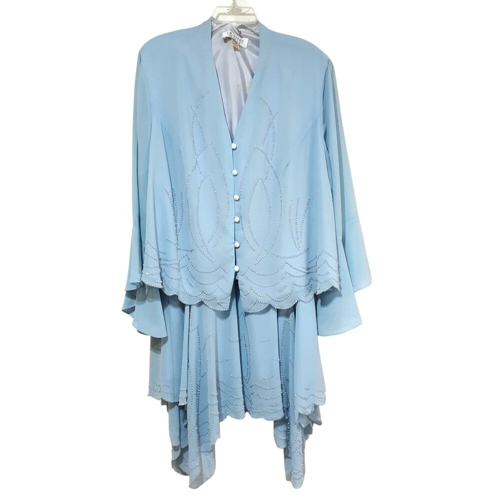 J.R.Nites Blue Women 26/24 Church Formal Suit Handkerchief Hem Crystal Beading